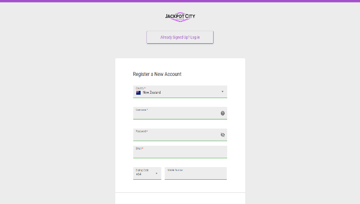 Jackpot City NZ Sign-Up Details