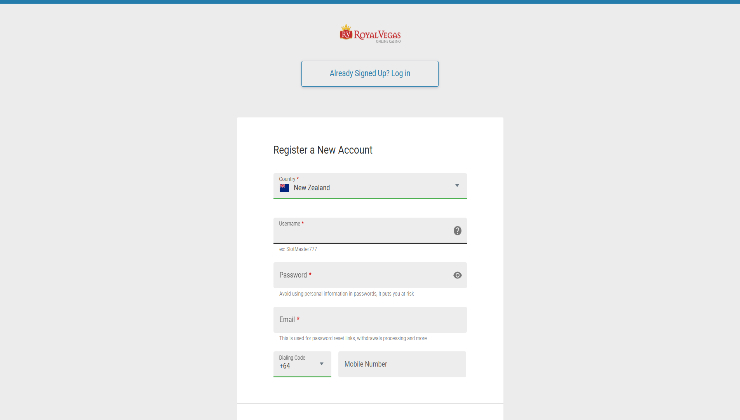 Royal Vegas NZ Sign-Up Details